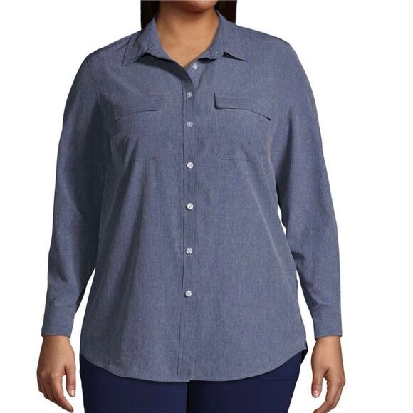 Lands Lands’ End Plus Size 3X 24W 26W Blue Chambray Poly Blend Blouse Top - Picture 1 of 6